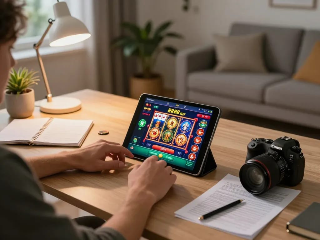 Engaging in online gambling using the RR88 apk on a tablet in a cozy home setting.