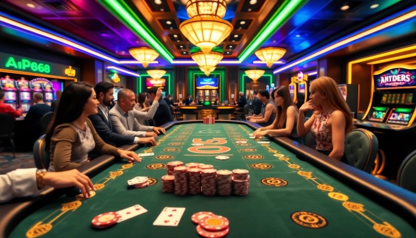 KP88 poker players enjoying a thrilling game in an elegant casino setting with vibrant decor.