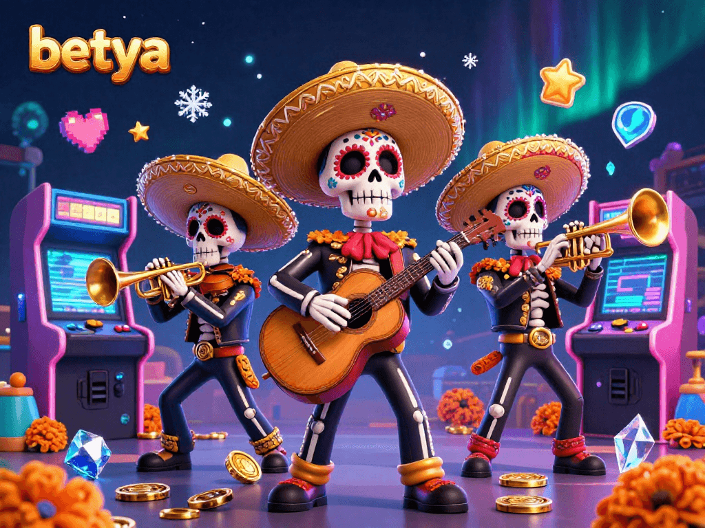 Experience thrilling gaming action with betya in a vibrant 3D illustration of a mariachi band.