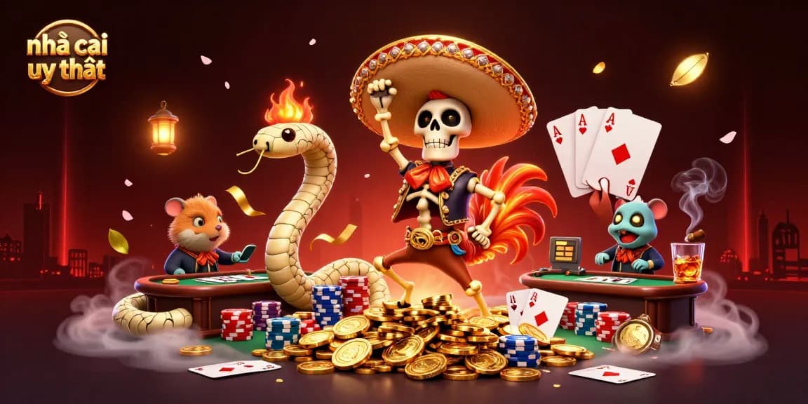 Join the excitement of nhà cái uy tín with vibrant characters celebrating on poker chips.