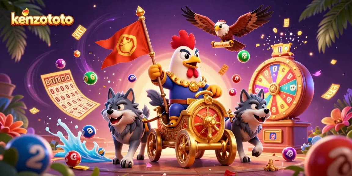 Experience the thrill of kenzototo with a vibrant 3D illustration of a rooster warlord and lottery elements.