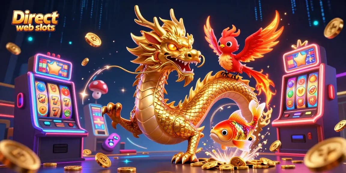 Engage with Direct web slots through colorful 3D illustration featuring a golden dragon and vibrant slot machines.