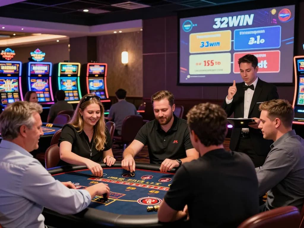 Exciting atmosphere at 32WIN casino showcasing players engaging in various games with vibrant promotions on display.