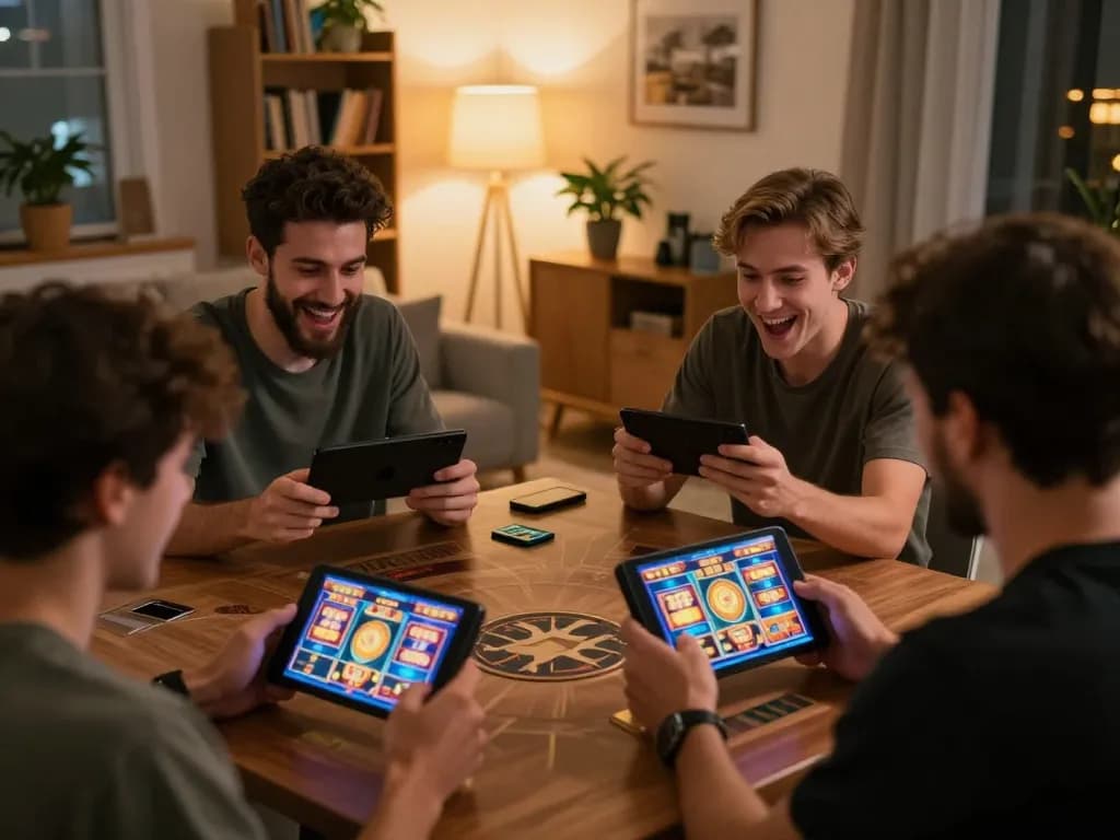 Players enjoying slot 88 games on mobile devices in a cozy home setting, creating an engaging online gaming atmosphere
