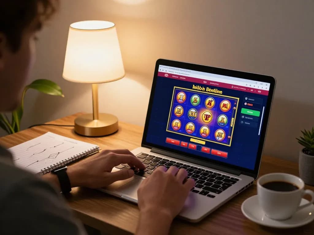 Playing on Canada online casinos at home with vibrant slots gameplay and coffee.