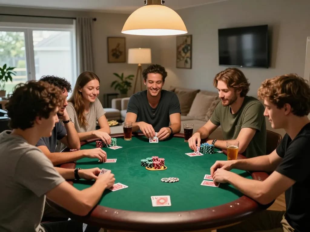 Friends enjoying a lively poker game at home, showcasing dinamit4d gameplay strategy and excitement in a cozy setting.