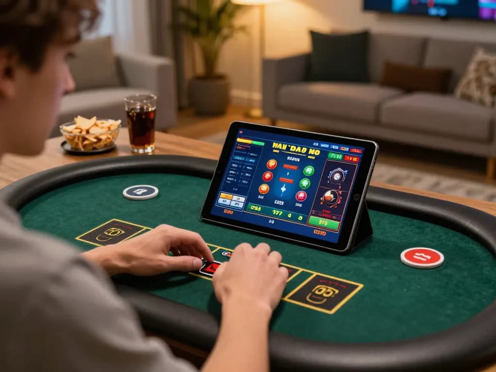 Player engaging with MM99 COM online, enjoying live dealer games in a modern home setup