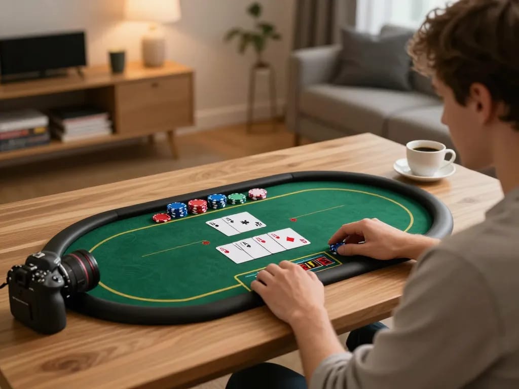 uu88 player engaged in online poker with tablet in cozy home setting during gameplay