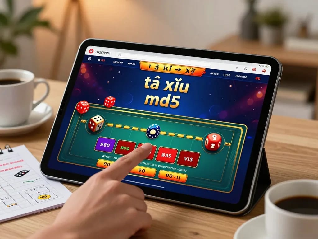 Engage in exciting tài xỉu md5 gameplay on a sleek tablet in a cozy home setting