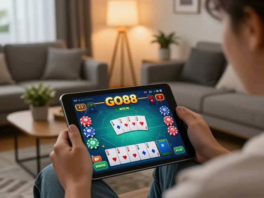Player engaging with the GO88 app on a tablet, showcasing vibrant casino game action from a cozy living space.