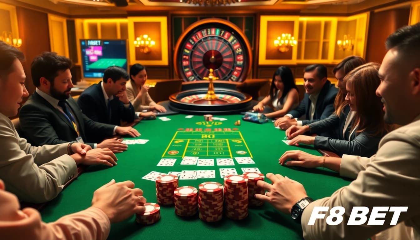 Experience high-stakes gaming at F8BET's luxurious casino poker table with enthusiastic players.