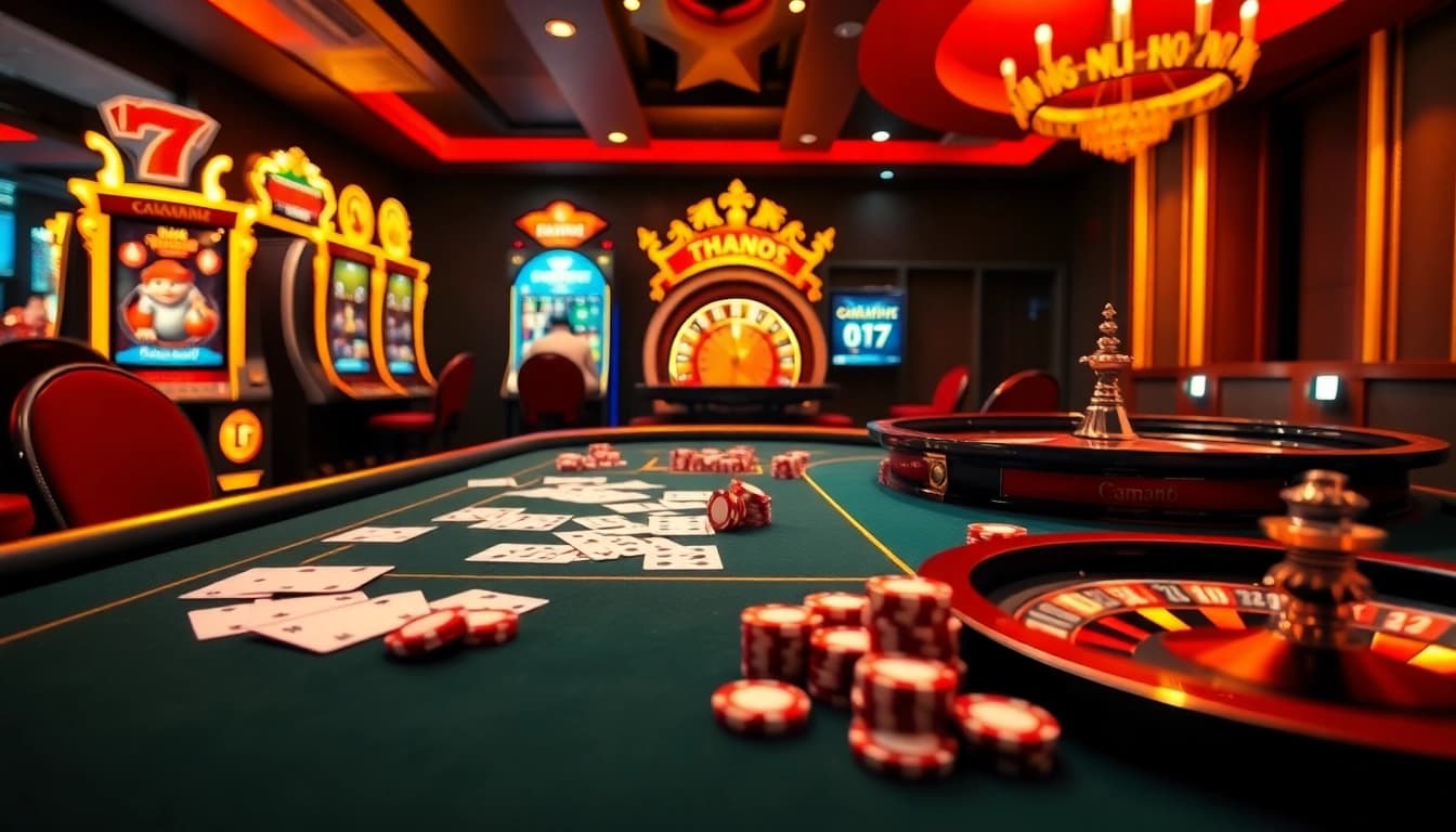 Engage with the link thabet at a luxurious casino scene featuring poker tables, slot machines, and roulette wheels.