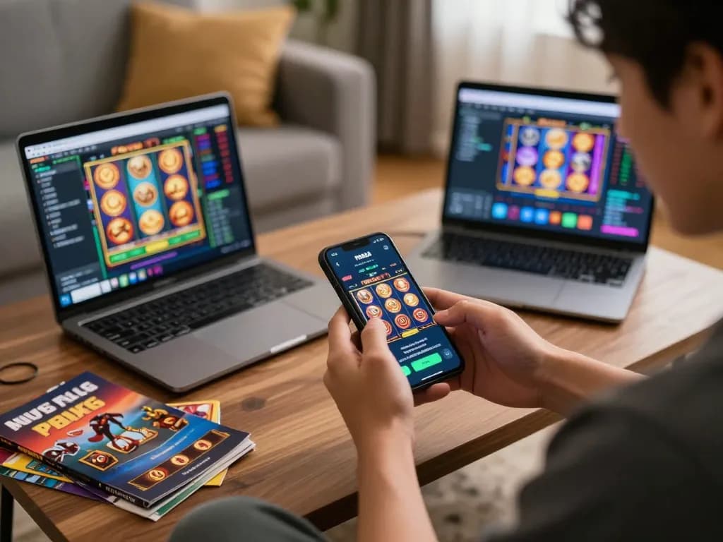 Engaging in online slot pulsa gameplay on a smartphone in a cozy setting.