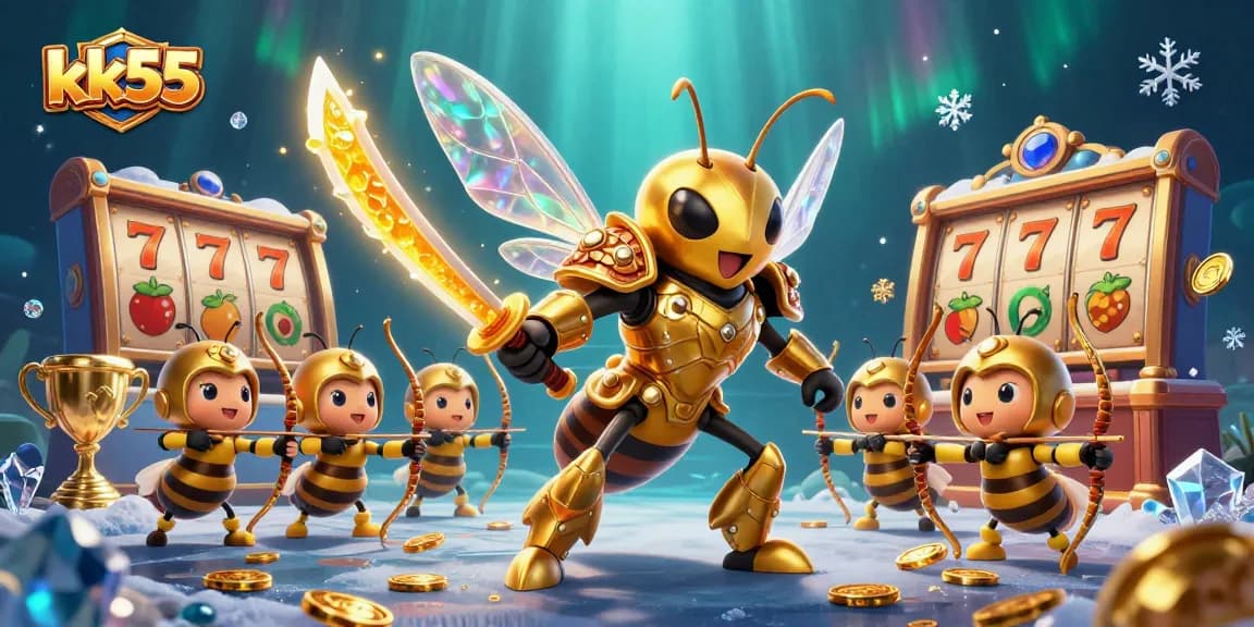 kk55 showcases engaging gaming with a golden hornet in samurai armor amid vibrant slots and coins.