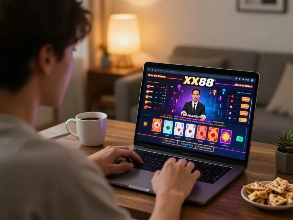 Player navigating the xx88 casino interface during a live dealer session in a cozy home setting.