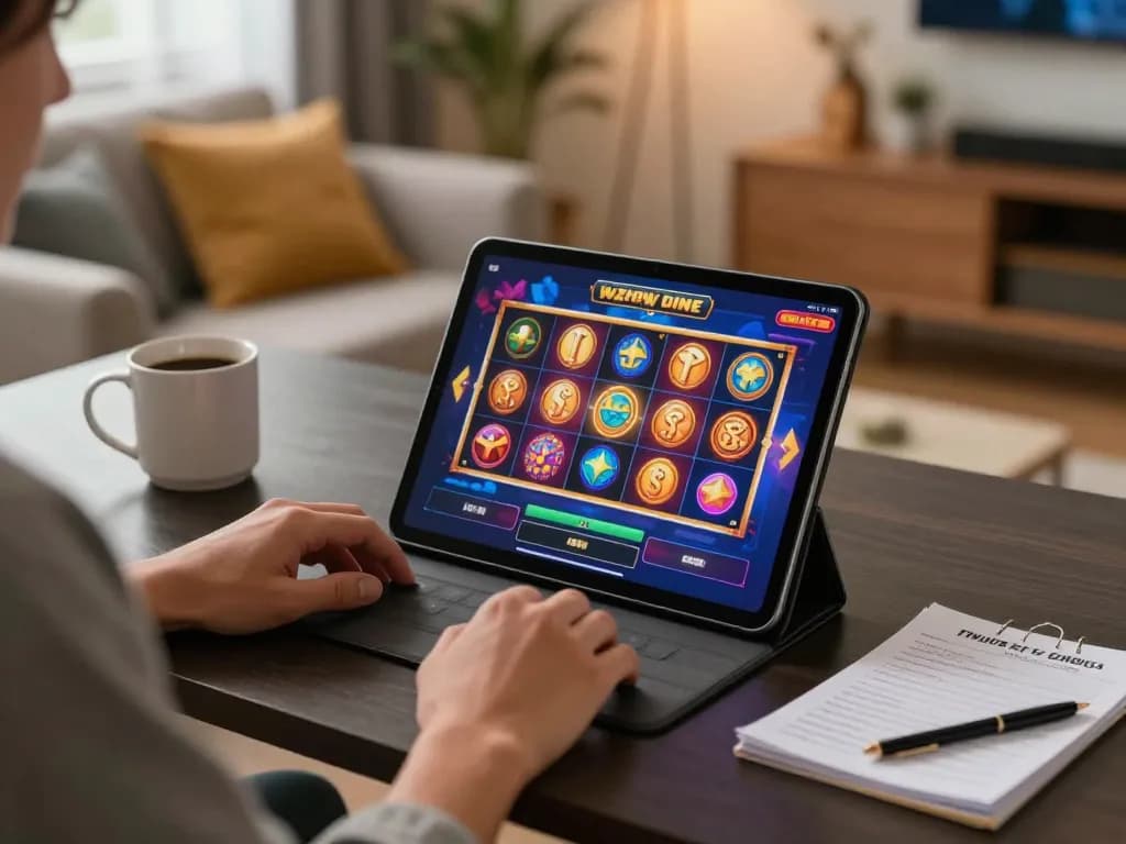 Engaging in slot gaming on aman788 platform from a cozy home setup with vibrant atmosphere