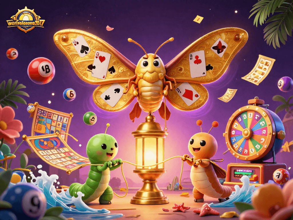 Experience the vibrant worldmelanoma2017 casino scene with 3D moth, golden treasures, and exciting gaming elements.