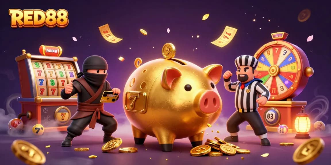 Engage with dynamic casino action at RED88, featuring vibrant slot reels and golden winnings!
