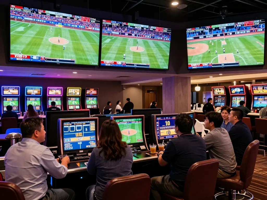 The sports betting lounge at MM88 showcases thrilling live events and enthusiastic players placing strategic wagers.