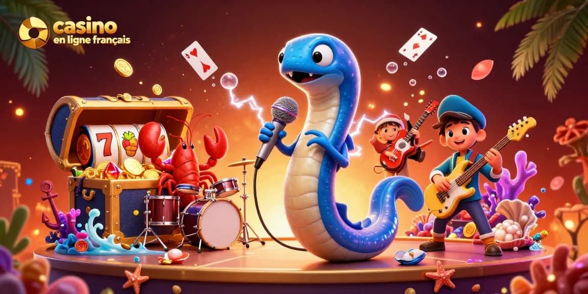 Profitez d'un divertissement vibrant de casino en ligne français avec des personnages animés et des trésors dans une scène dynamique.