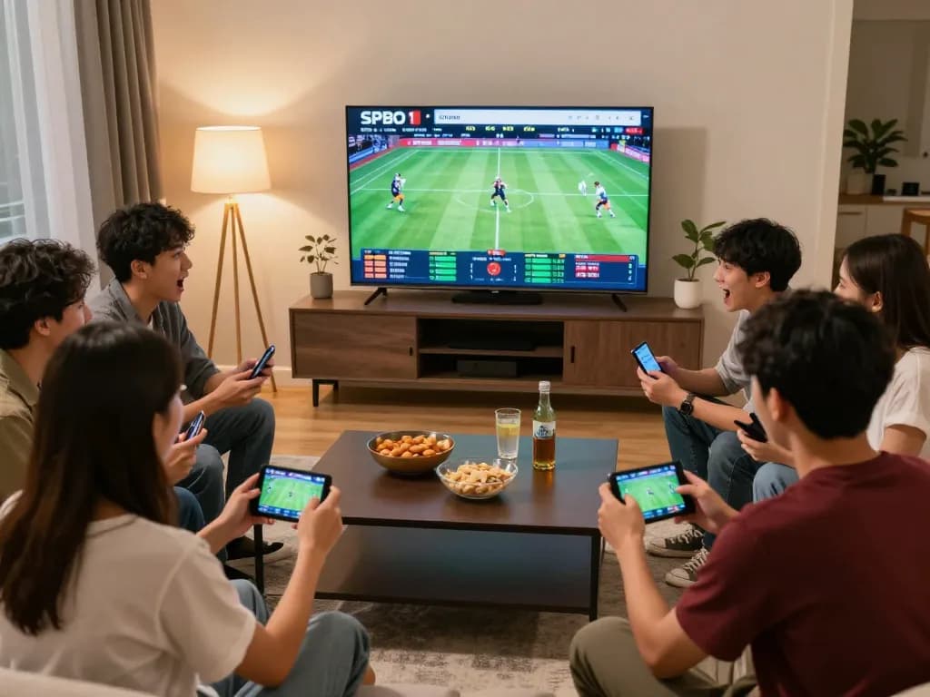 Teman-teman menikmati malam yang mendebarkan dengan taruhan olahraga dan skor langsung SPBO 1 yang ditampilkan.
