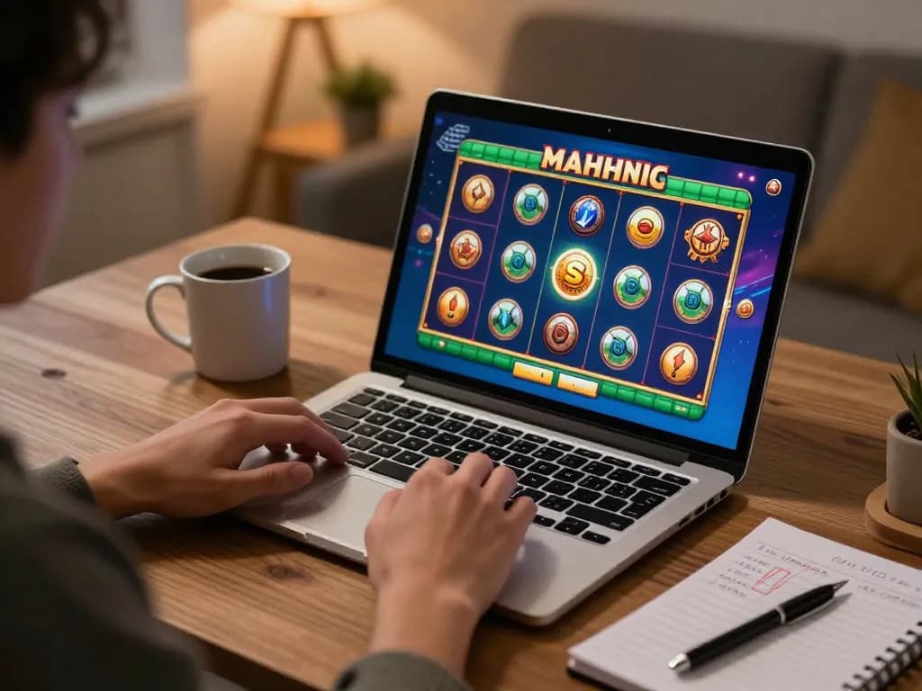 Engaging slot mahjong gameplay on a laptop, showcasing strategy and excitement in an online gaming setup.