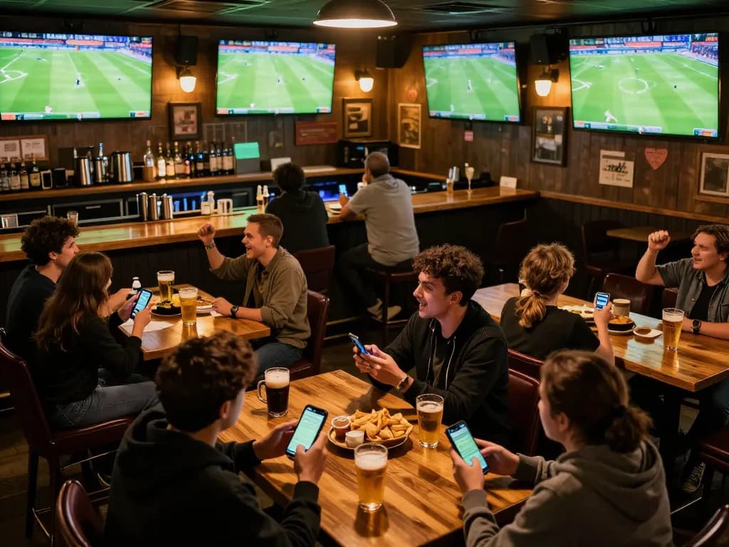 Cakhiatv viewers enjoying live football while betting in a vibrant sports bar atmosphere