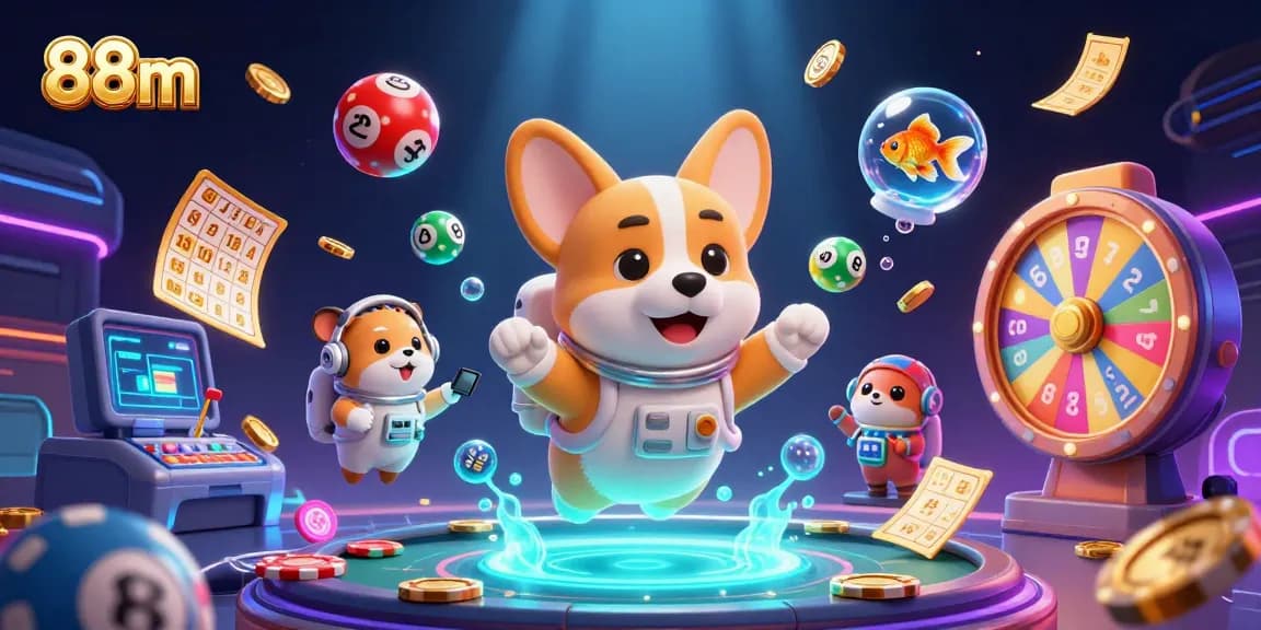 Join the thrilling world of 88m casino games with vibrant floating treasures and engaging characters.