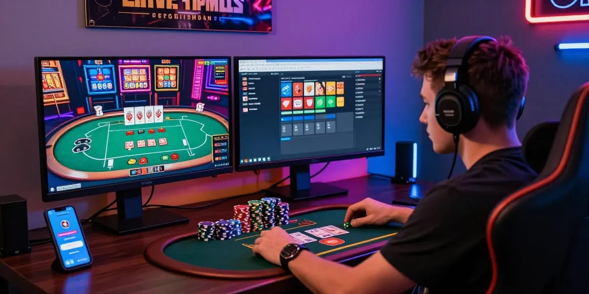 Engaged player at computer gaming setup, highlighting Homepage AA88 in a vibrant online gambling atmosphere with exciting graphics.