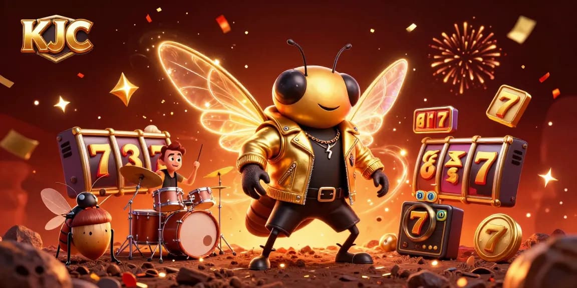 KJC creates an exciting casino atmosphere with a vibrant cartoon rock band performing amidst dynamic slot game elements.