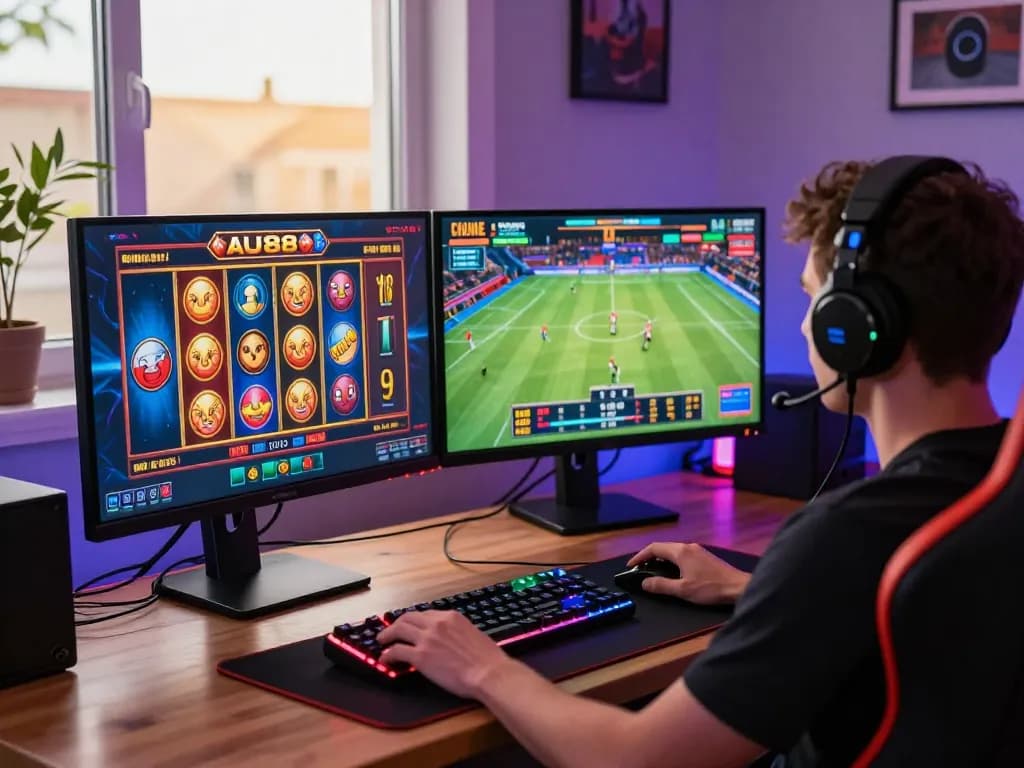 Engaging gamer enjoying AU88 online casino games with dual monitors displaying vibrant slot machines and live sports betting odds.