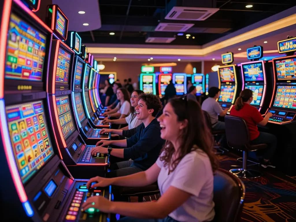 Players engaging with slot machines in an exciting casino atmosphere, vividly colored displays and lights enhancing the gaming experience.