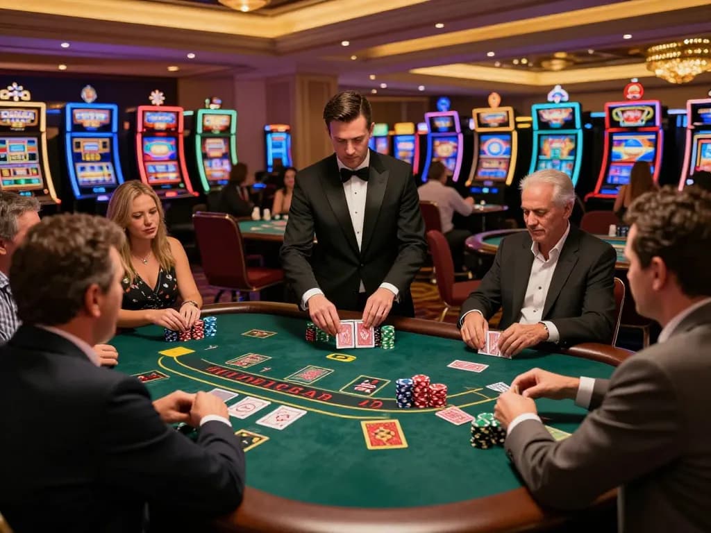 Engaged players at a blackjack table exhibit pragmatic strategies in a Las Vegas casino.