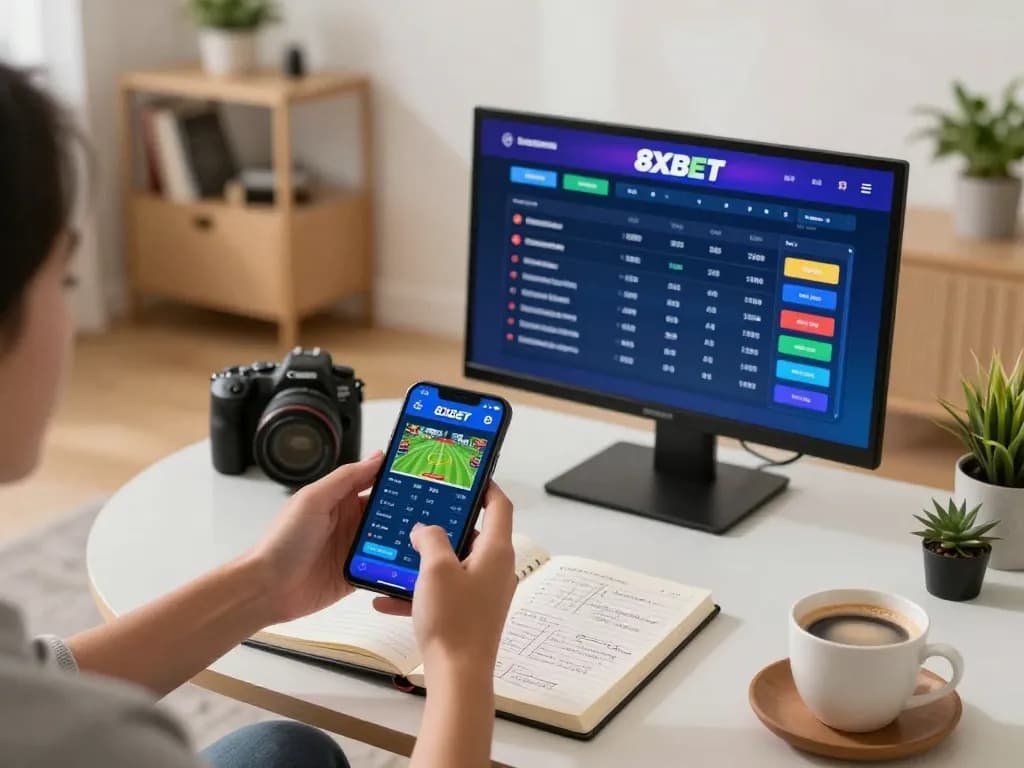 Player accessing 8xbet sports betting app on smartphone, immersed in strategic decision-making.