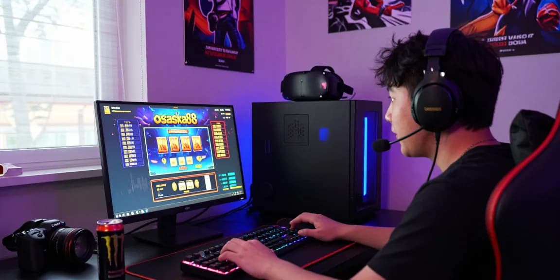 Player immersed in osaka88 online gaming; vibrant slot interface, RGB gear, dynamic atmosphere.