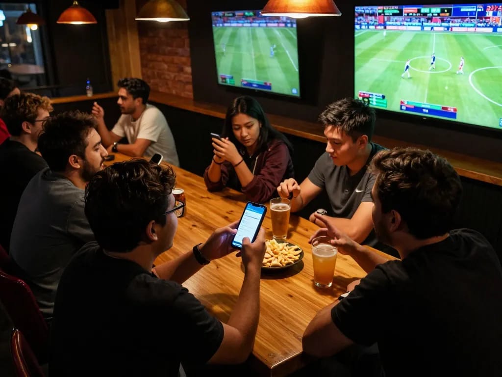 Fans using the Nowgoal app for live sports betting in a lively bar, capturing real-time scores and match analysis.