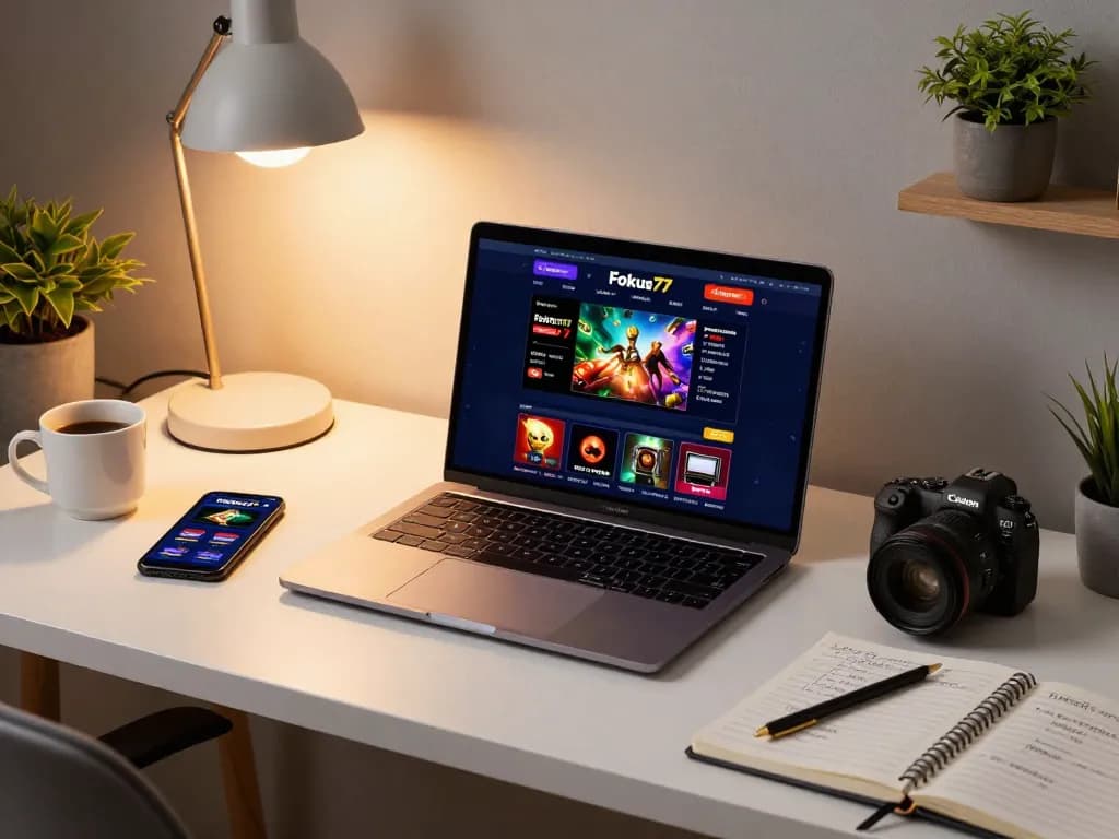 Player engaging with Fokus77 casino app on laptop, showcasing strategic approach to online gambling.