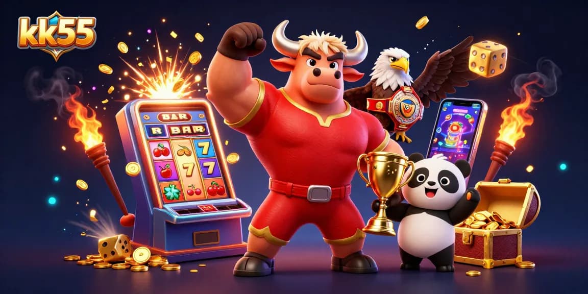 kk55 features a colorful casino scene with a bull mascot, eagle, and panda celebrating a jackpot.