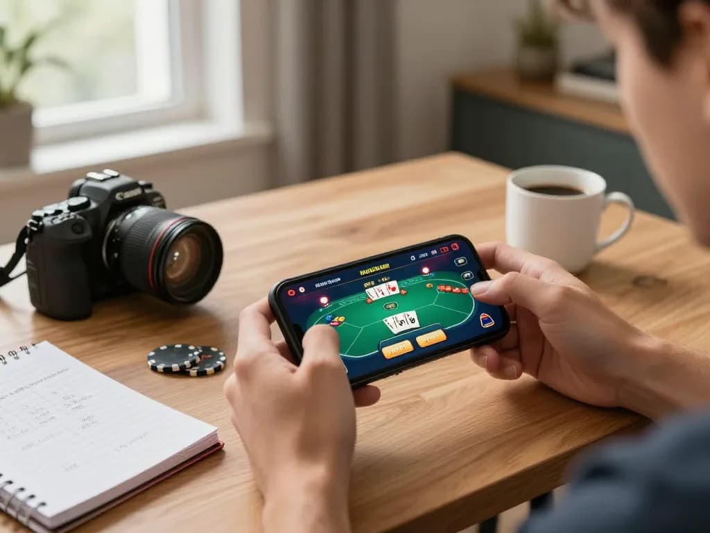 Playing poker with the RR88 apk on a smartphone in a cozy home setting