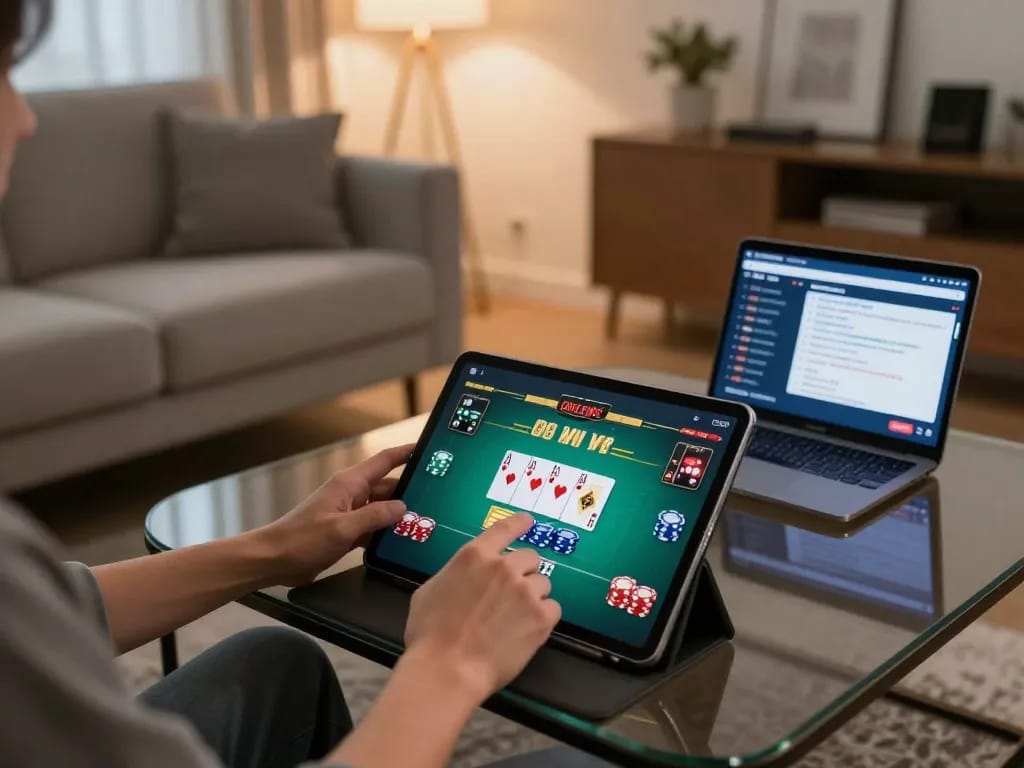 Engage with poker gameplay at https://tairikvip.co using a tablet in a cozy setting.