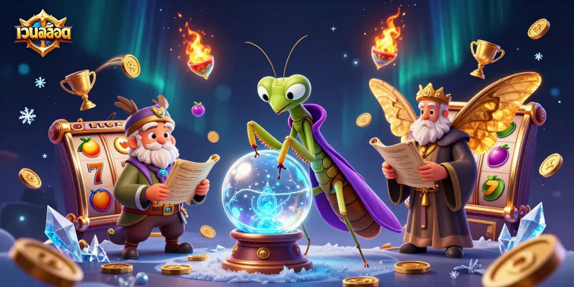 Engage in เว็บสล็อต fun with a vibrant 3D scene featuring a fortune teller and lucky symbols.