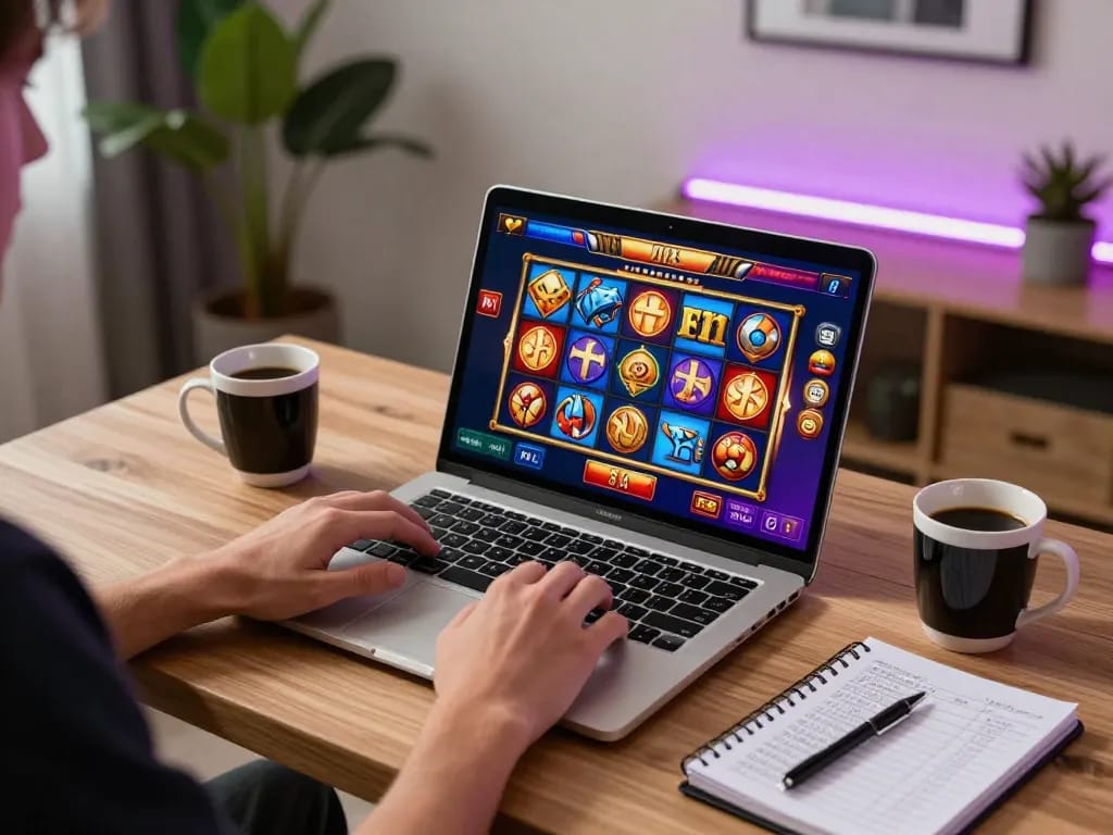 Engaging personal gameplay on a laptop showcasing slot games with colorful graphics.