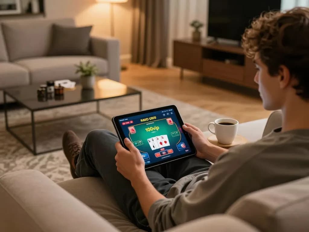 Person engaging in mobile gambling with 100vip poker app on a tablet in a cozy living room.