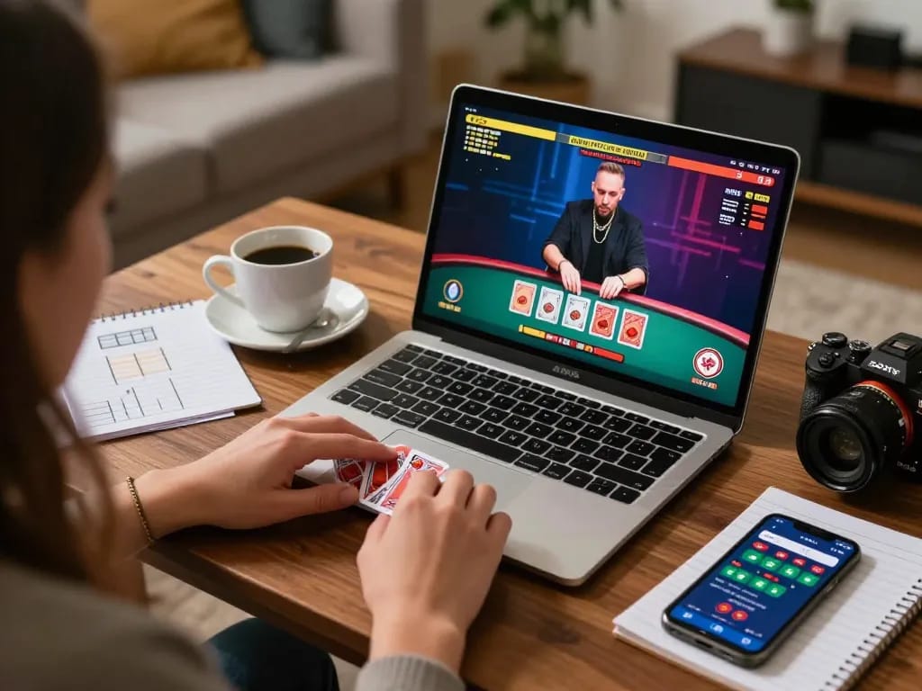 Player betting on nk88 baccarat game on laptop, enjoying strategic home gaming experience.