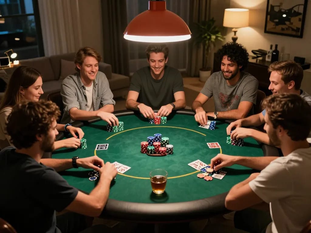 Players enjoying a friendly poker game at home, showcasing excitement and strategy with megaplus88.