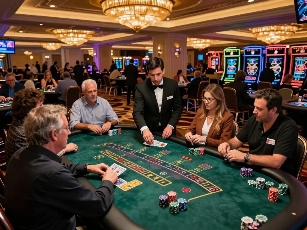 Pemain di meja blackjack websitedevuk menikmati permainan yang mendebarkan dalam suasana kasino Las Vegas yang hidup