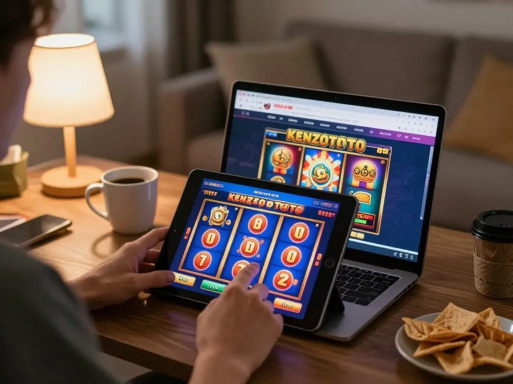 Play slot games on situs slot gacor from a cozy home environment with a vibrant tablet display and snacks.