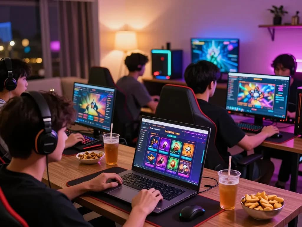 Engaged players enjoying games on Luckywin com with vibrant gaming atmosphere and modern setup