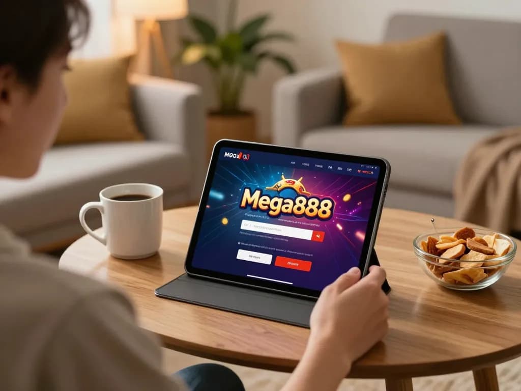 Login Mega888 on tablet in cozy home setup, enjoying online gaming experience.