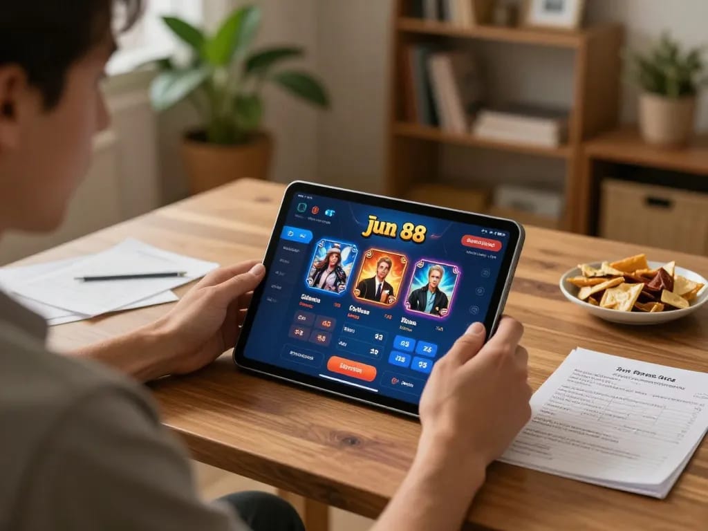 Player enjoying jun 88 casino app on tablet, surrounded by betting notes, in a cozy home setting